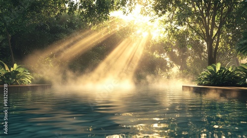 Serene Nature Scene with Sunlight and Mist Over Water