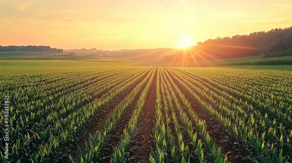 Lush Green Fields at Sunrise with Rows of Crops Lush Green Fields at Sunrise with Rows of Crops