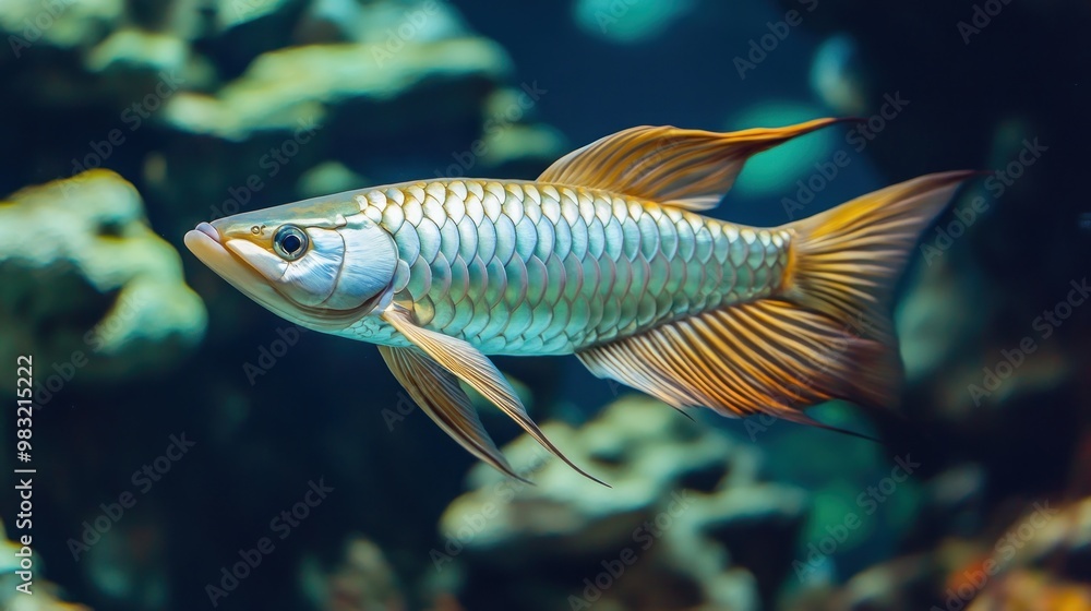 Fototapeta premium Golden Arowana Fish Swimming in Blue Water