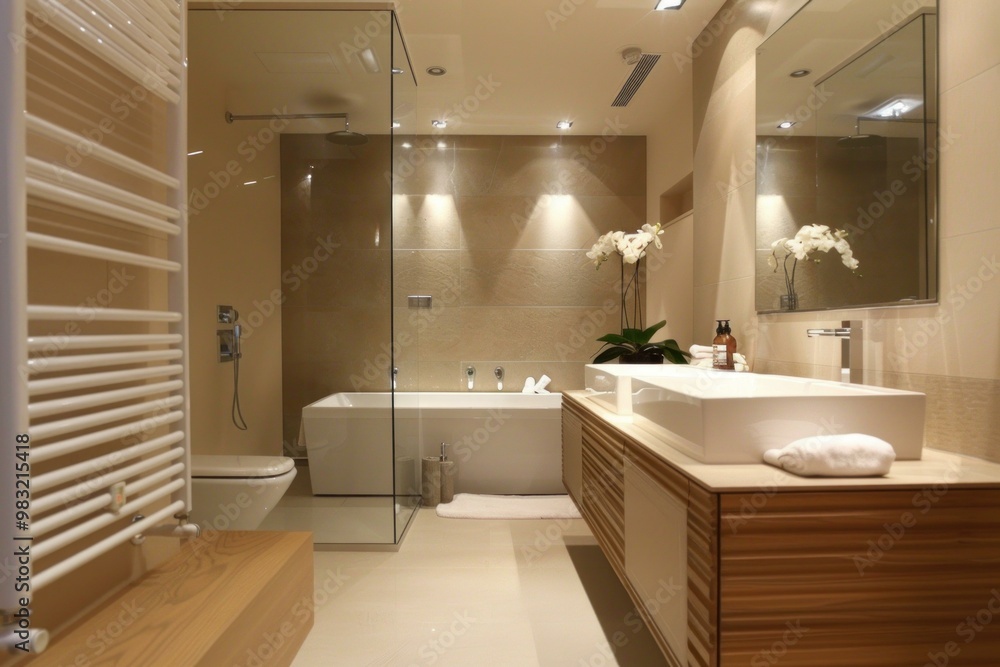 Modern bathroom featuring a walk in shower with glass door, freestanding bathtub, and double vanity Modern bathroom featuring a walk in shower with glass door, freestanding bathtub, and double vanity