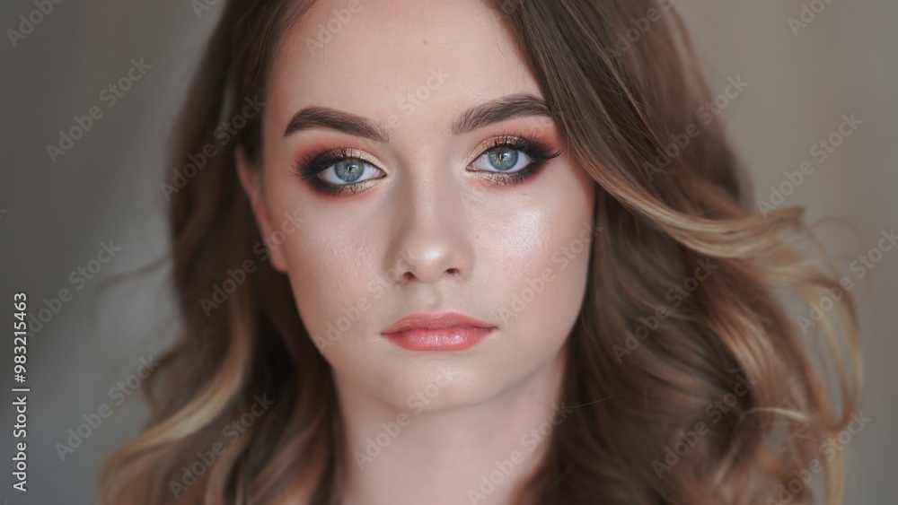 Attractive young woman with long blond hair and professional makeup looking forward Attractive young woman with long blond hair and professional makeup looking forward