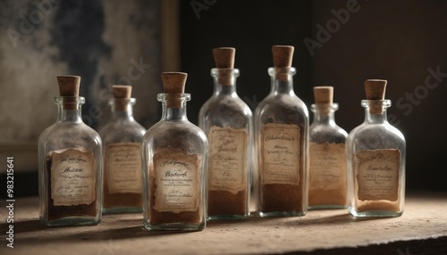 Vintage apothecary bottles with aged labels displayed on a rustic wooden shelf in a dimly lit room, evoking a sense of nostalgia and curiosity