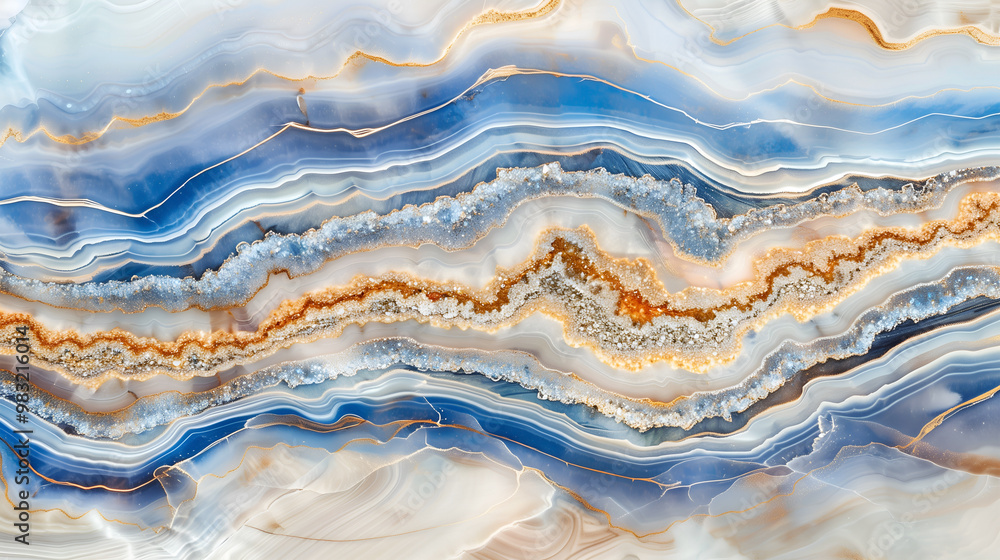 Beautifully layered marble texture background showcasing soft blue, gold, and white hues Beautifully layered marble texture background showcasing soft blue, gold, and white hues