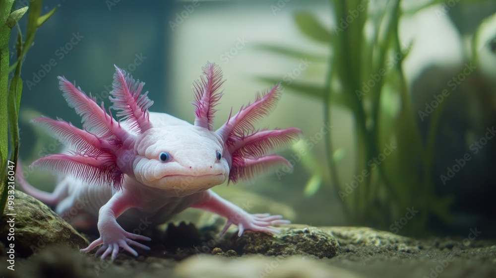 Obraz premium Axolotl with Pink Gills in an Aquarium