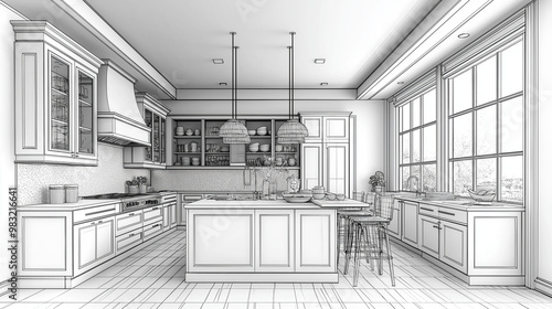 Black-and-white line drawing kitchen interior design perspective composition modern style