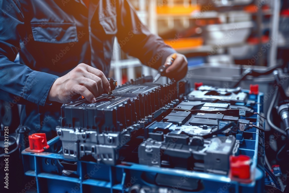 A mechanic is working on a car battery, generative ai image A mechanic is working on a car battery, generative ai image
