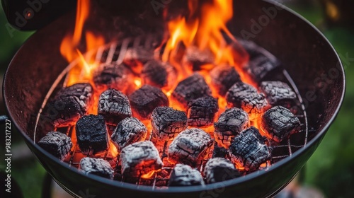 Grill pit for barbecue including glowing and flaming hot charcoal briquettes, close-up