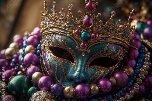 A stunning masquerade mask adorned with jewels and intricate designs, capturing the spirit of celebration during a vibrant festival night