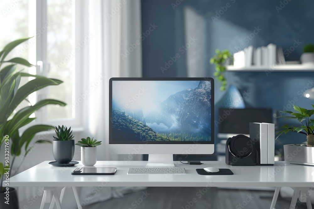 Modern Home Office with Desktop Computer and Green Plants by the Window Modern Home Office with Desktop Computer and Green Plants by the Window