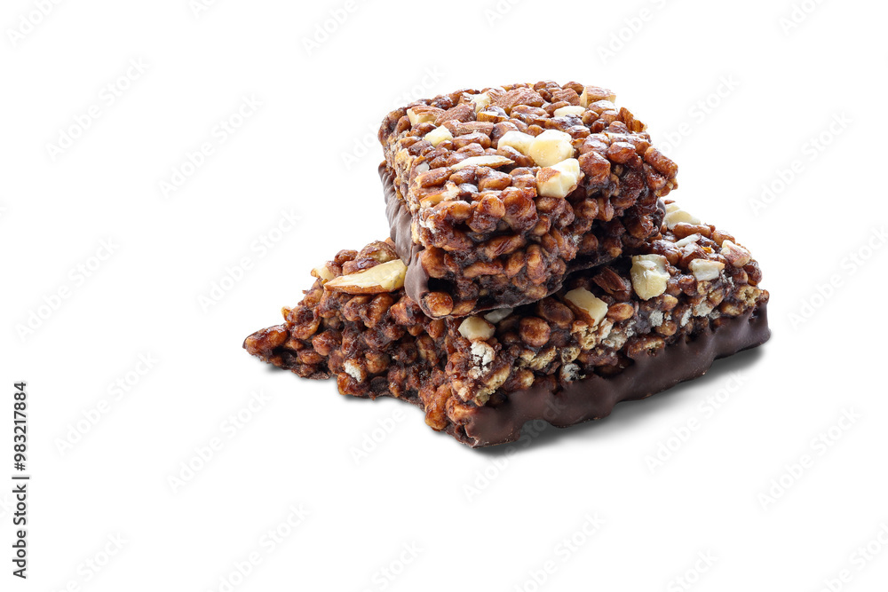 Chocolate protein bars with nuts, cereal and granola isolated on transparent background, high protein sports nutrition Chocolate protein bars with nuts, cereal and granola isolated on transparent background, high protein sports nutrition