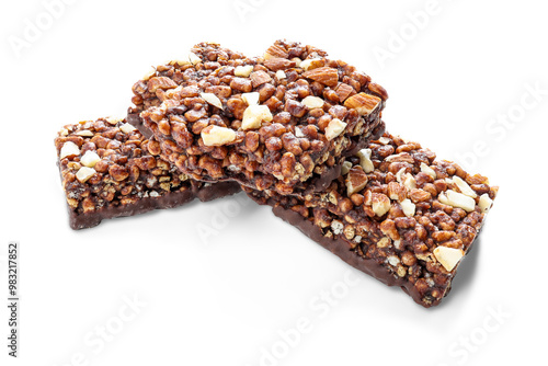 Chocolate protein bars with nuts, cereal and granola isolated on transparent background, high protein sports nutrition