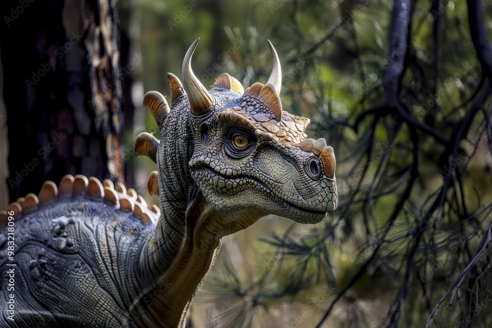 Horned dinosaur with intricate scales blending into a forest setting, highlighted by surrounding pine trees. Horned dinosaur with intricate scales blending into a forest setting, highlighted by surrounding pine trees.