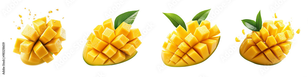 A set of fresh, diced mango cubes presented with green leaves, isolated on a transparent background. A set of fresh, diced mango cubes presented with green leaves, isolated on a transparent background.
