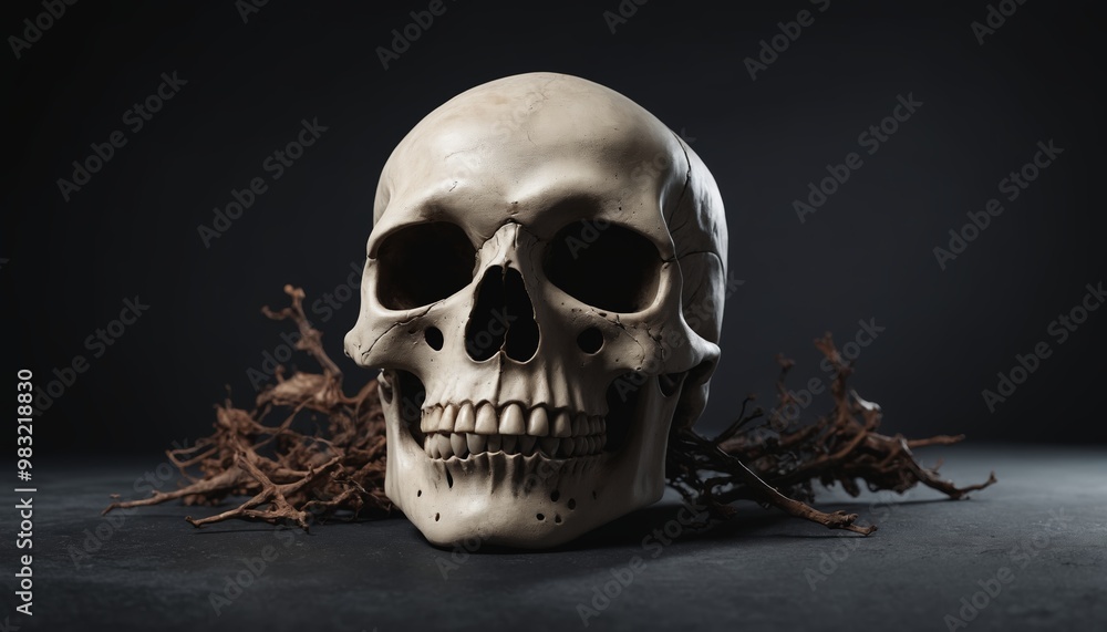 Intricately detailed human skull resting on dark wood, surrounded by eerie twigs, capturing a haunting yet artistic atmosphere Intricately detailed human skull resting on dark wood, surrounded by eerie twigs, capturing a haunting yet artistic atmosphere