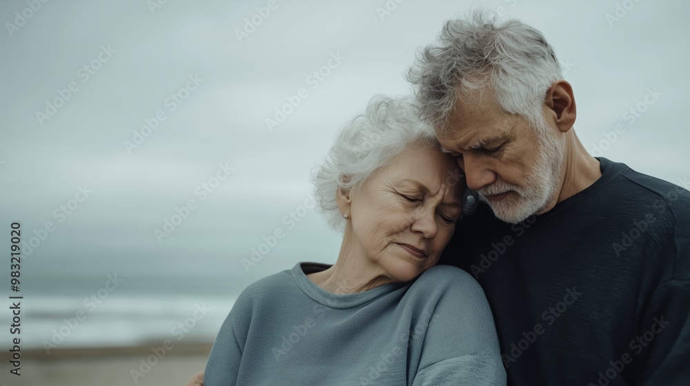 Elderly couple embracing lovingly on a windy beach, showcasing deep emotional connection and enduring affection. Elderly couple embracing lovingly on a windy beach, showcasing deep emotional connection and enduring affection.