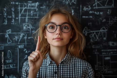 A thoughtful girl in a checkered shirt points upward, pondering ideas in a cozy study filled with chalkboard equations and scientific illustrations