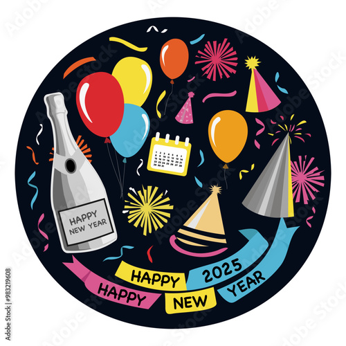 Illustration Happy New Year. Set of New Year elements: champagne, balloons, tinsel, Santa Claus hat, calendar, clock, fireworks, ribbons, etc.