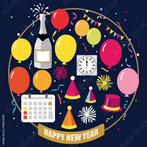 Illustration Happy New Year. Set of New Year elements: champagne, balloons, tinsel, Santa Claus hat, calendar, clock, fireworks, ribbons, etc.