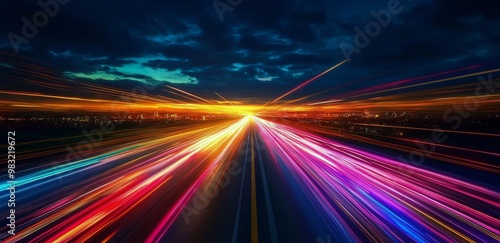 Vibrant light trails create a sense of motion in a nighttime urban landscape ...