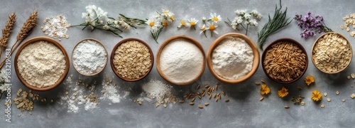 Flour and wheat grains displayed with flowers on a blue textured surface in n...