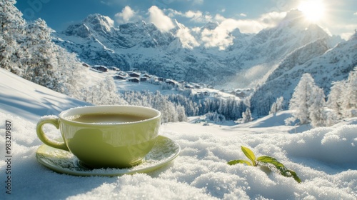 Warm cup of herbal tea on fresh snow in a majestic winter mountain landscape ...