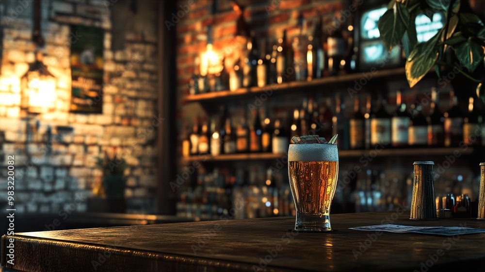 A Glass of Beer on a Bar Counter in a Cozy Pub A Glass of Beer on a Bar Counter in a Cozy Pub