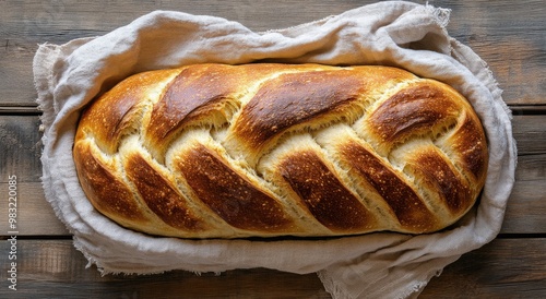 Freshly baked braided bread resting on a cloth in a rustic wooden setting