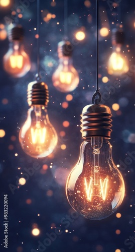 Warm glowing Edison bulbs illuminating a dark space with soft bokeh effects a...