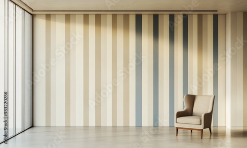 Elegant striped walls with a stylish chair in a modern living space at bright...