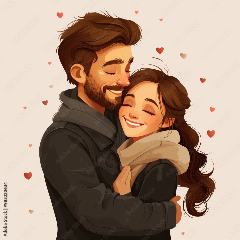 Obraz premium A couple embraces in a heartthemed illustration, radiating love and deep affection