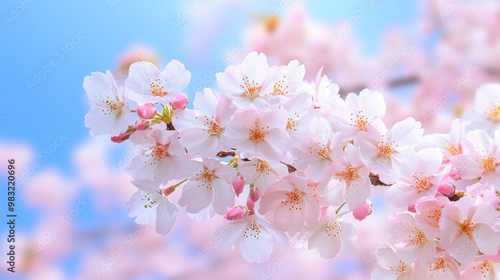 Delicate Pink Cherry Blossoms Against a Blue Sky Delicate Pink Cherry Blossoms Against a Blue Sky