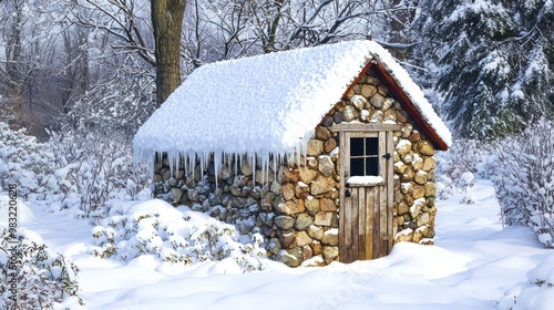 A quaint stone garden shed covered in a blanket of snow, still sturdy and functional amidst a winter garden landscape