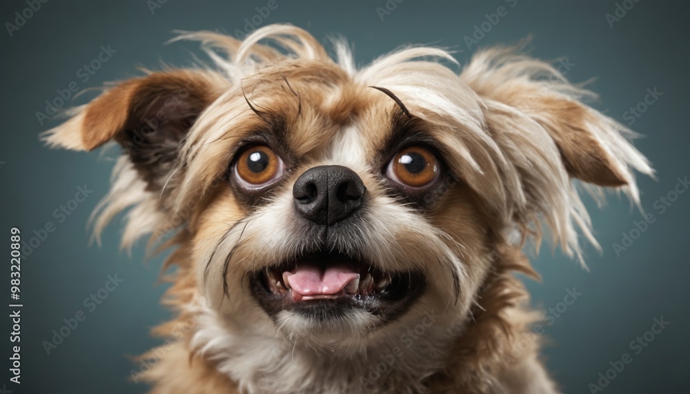 A cheerful small dog with fluffy fur gazes playfully at the camera in a cozy indoor setting during the afternoon light A cheerful small dog with fluffy fur gazes playfully at the camera in a cozy indoor setting during the afternoon light