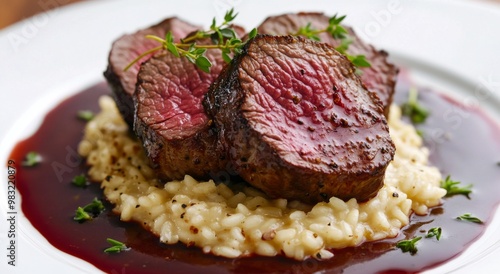 Juicy steak with creamy risotto garnished with fresh herbs on a fine dining p...