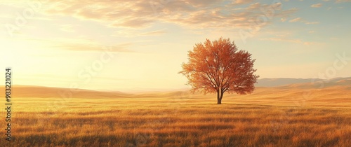 A solitary tree stands in a vast field during golden hour with a beautiful sk...
