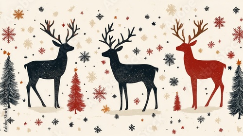 Colorful reindeer and Christmas trees create a festive winter landscape with ...