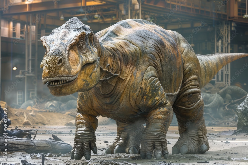 Fototapeta premium Massive, thick-skinned dinosaur standing in an industrial warehouse environment with debris and metallic structures in the background.