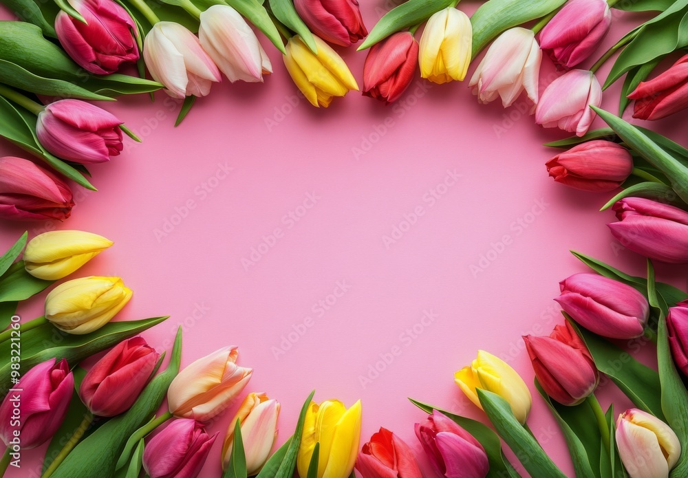 Colorful tulips arranged in a heart shape on a pink background for a cheerful spring celebration Colorful tulips arranged in a heart shape on a pink background for a cheerful spring celebration