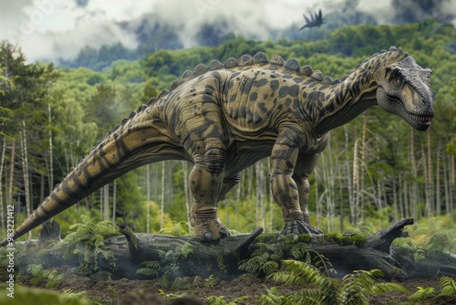 Large, muscular dinosaur with a spiked back standing in a lush prehistoric forest, surrounded by ferns and fallen logs, with misty mountains and dense trees in the background.