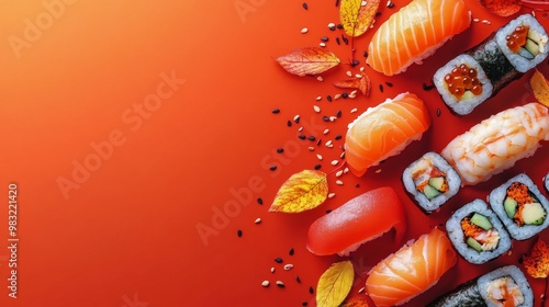 Sushi arrangement on a wooden table in a serene garden setting during daytime