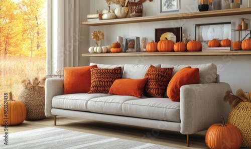 Cozy autumn living room with pumpkins and warm decorations in a sunny atmosphere