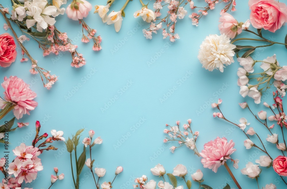 Beautiful arrangement of various flowers on a light blue background for spring decoration Beautiful arrangement of various flowers on a light blue background for spring decoration