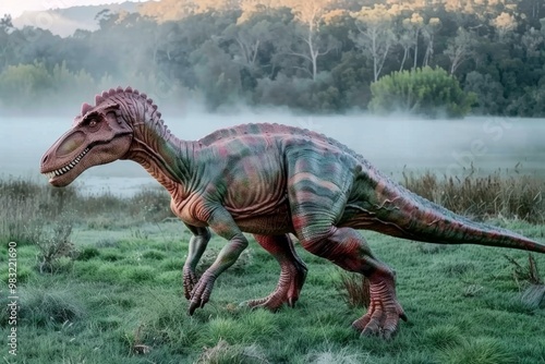 A pink and green-striped dinosaur walking on a misty grassland in the early morning, with a dense forest in the background and soft sunlight illuminating the scene. photo