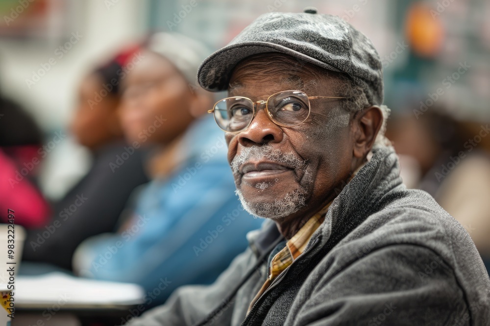 Elderly Man Attending Class in Lecture Hall Wearing Glasses and Cap, Focused and Engaged
