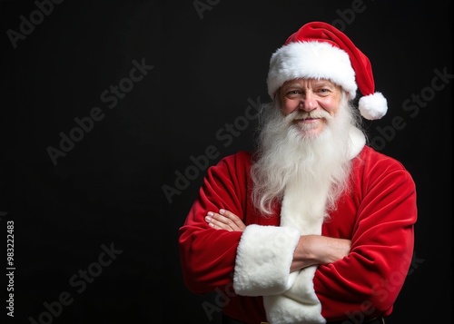 Santa Claus with jolly smile posing confidently against black background with copy space