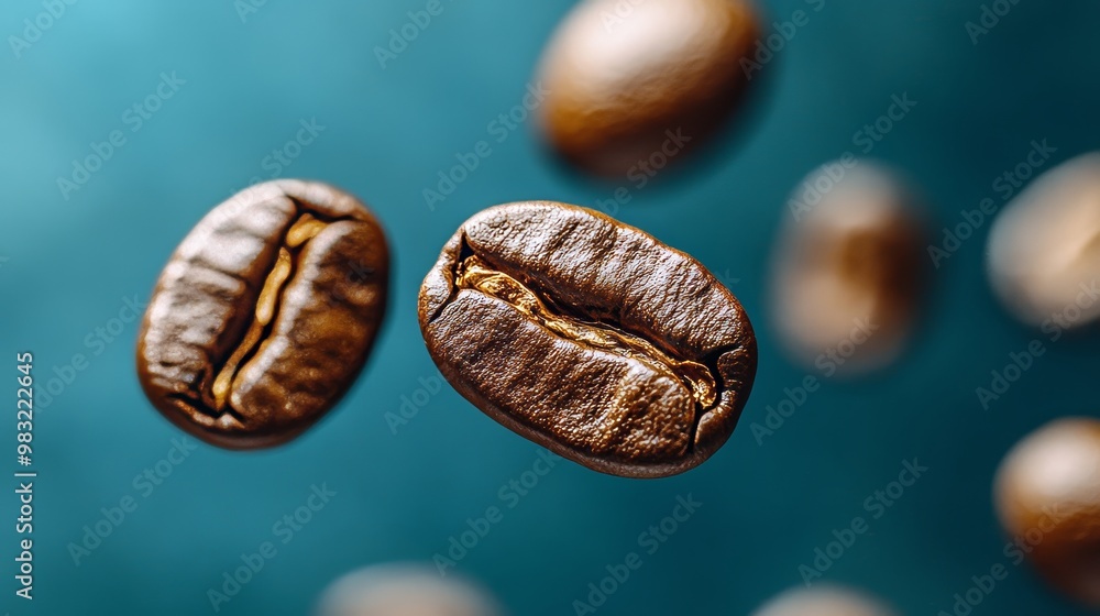 Fototapeta premium Floating Coffee Beans Roasted and Aromatic Coffee Beans in Mid-Air on a Blue Background