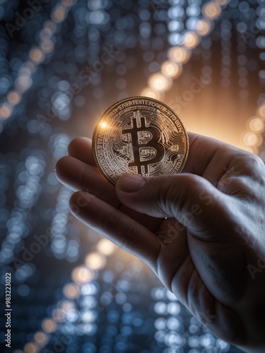 Anonymous hand holds glowing digital coin amid blockchain graphics—a conceptual image representing cryptocurrency in vertical format.