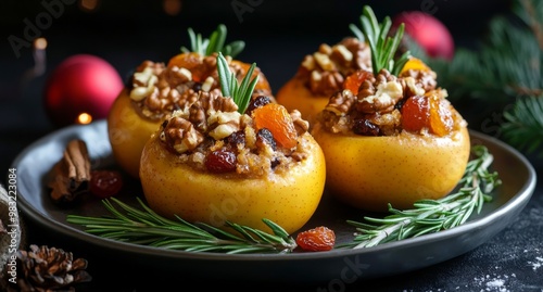 Deliciously baked apples filled with nuts and dried fruits on a dark table se...