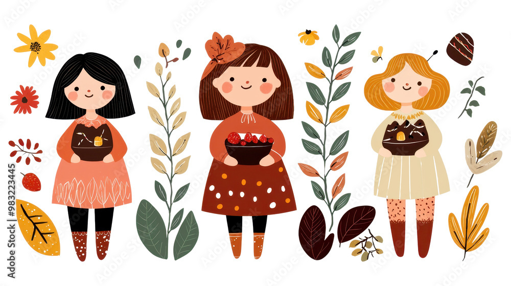 Fototapeta premium Three girls holding autumn harvest baskets. cut out isolated transparent PNG