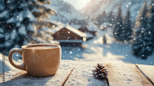 A cozy cup of coffee on a snowy winter day in a mountain lodge setting